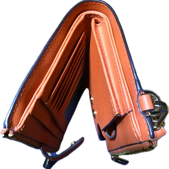 Michael Kors Jet Set Saffiano Leather Double Zip Wallet Wristlet Pumpkin Orange - Picture 5 of 12